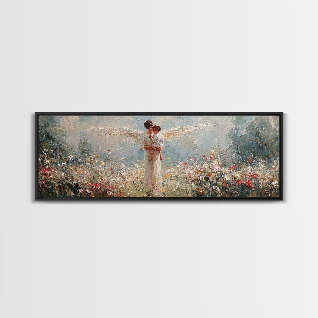 Angel Mother Holding Child Canvas Print, Christian Wall Art, Nursery Decor, Ethereal Meadow Painting, Gift For Her, Housewarming Gift