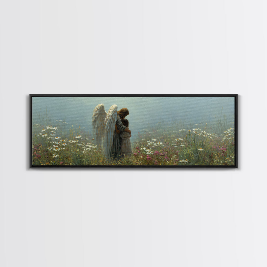 Angel And Little Girl Meadow Wall Art, Christian Nursery Decor, Spiritual Canvas Art, Wildflower Landscape, Calming Gift