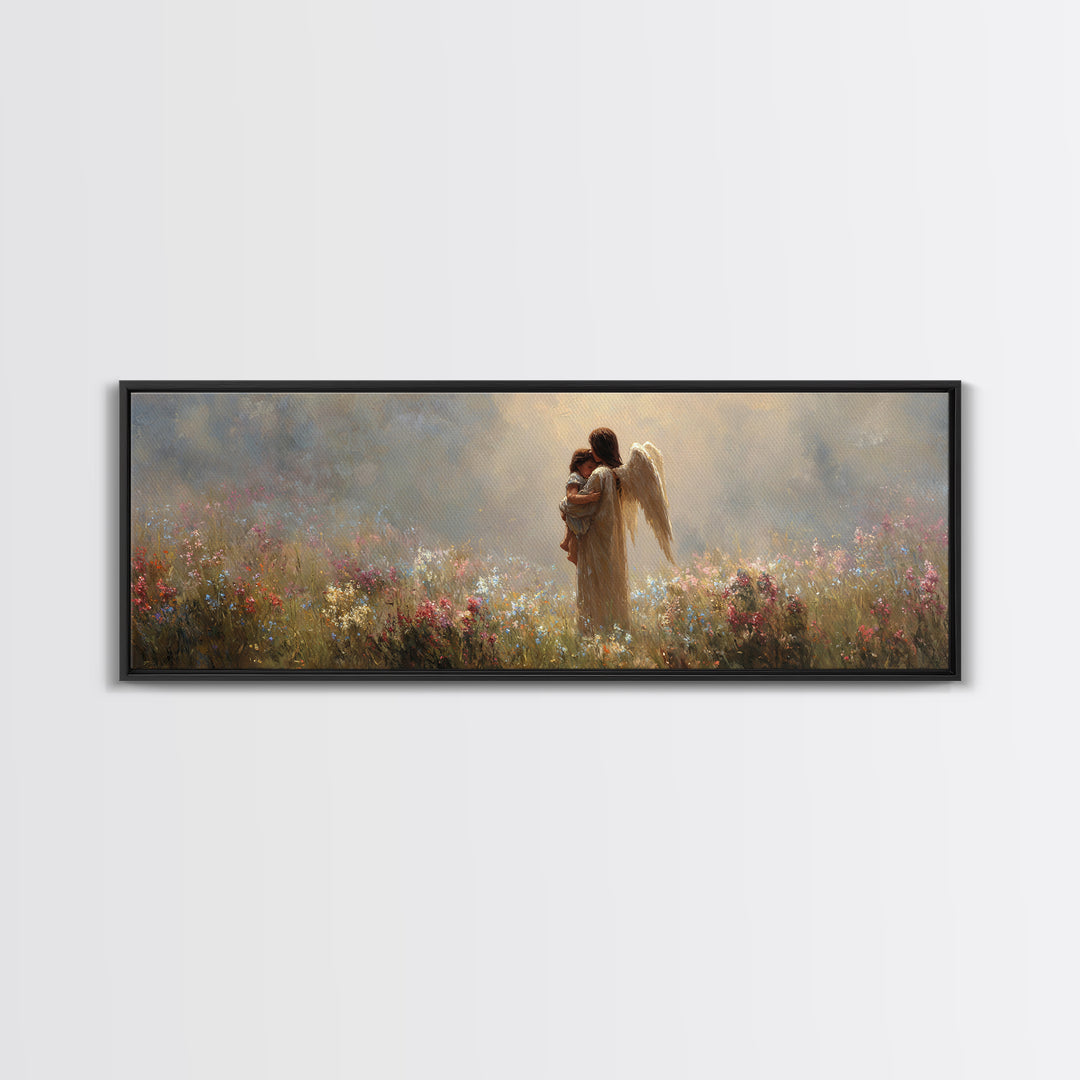 Angel Mother And Baby Framed Canvas Print, Christian Wall Art, Nursery Decor, Wildflower Meadow, Spiritual Art Gift For Her