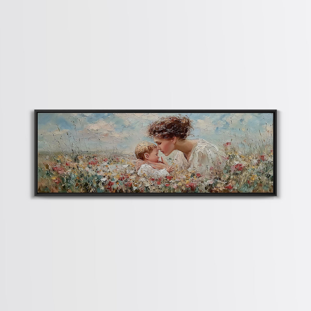 Angel Mother Kissing Baby Framed Canvas Print, Christian Nursery Wall Art, Wildflower Meadow Decor, Gift For Mom, Spiritual Art