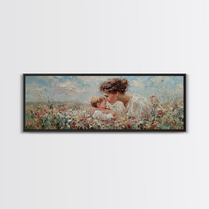 Angel Mother Kissing Baby Framed Canvas Print, Christian Nursery Wall Art, Wildflower Meadow Decor, Gift For Mom, Spiritual Art