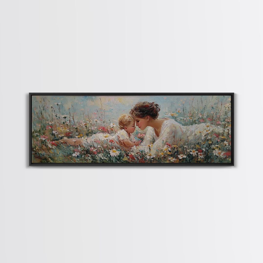 Mother And Baby In Wildflowers Canvas Print, Tender Nursery Wall Art, Christian Decor, Floral Meadow, Gift For Her, Home Decor
