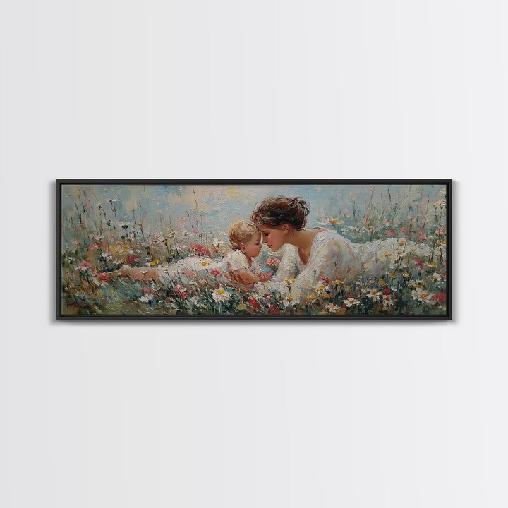 Mother And Baby In Wildflowers Canvas Print, Tender Nursery Wall Art, Christian Decor, Floral Meadow, Gift For Her, Home Decor