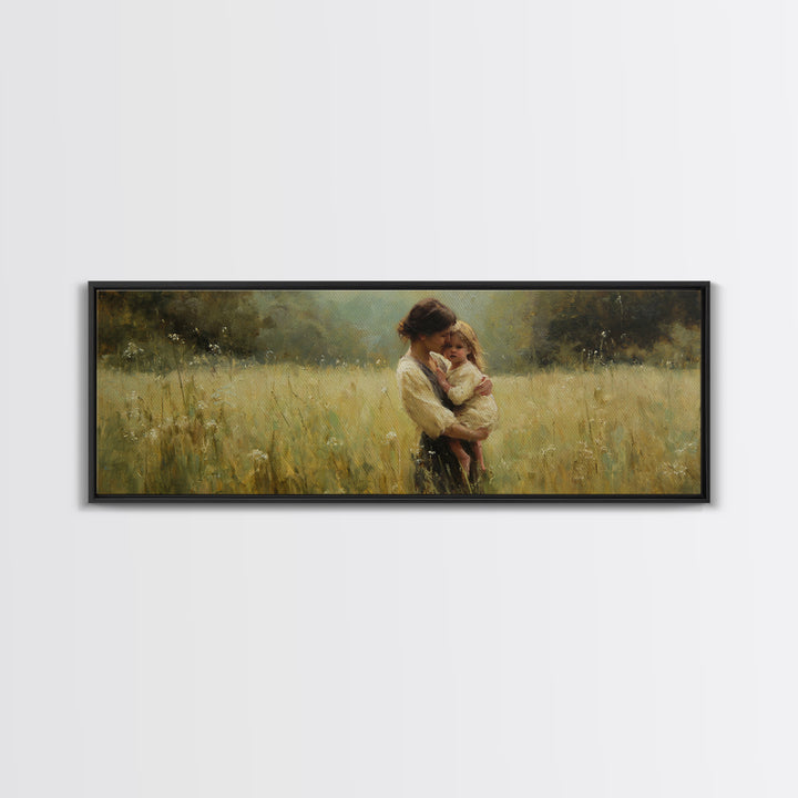 Mother Holding Toddler In Golden Field Framed Canvas Print, Impressionist Landscape Wall Art, Rustic Farmhouse Nursery Decor