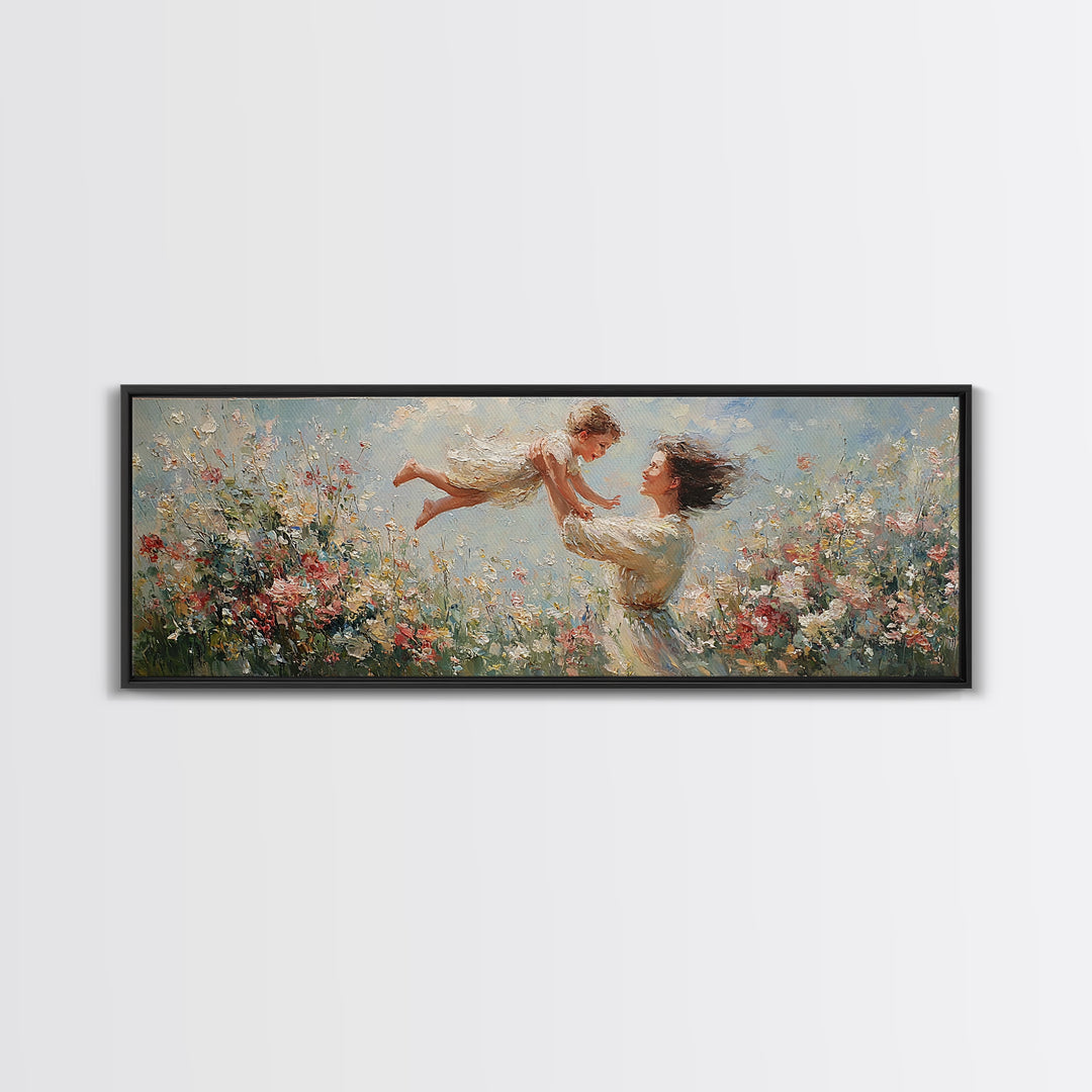Mother Lifting Child Over Blooming Meadow Framed Canvas Print, Impressionist Floral Wall Art, Nursery Decor Gift For Mom