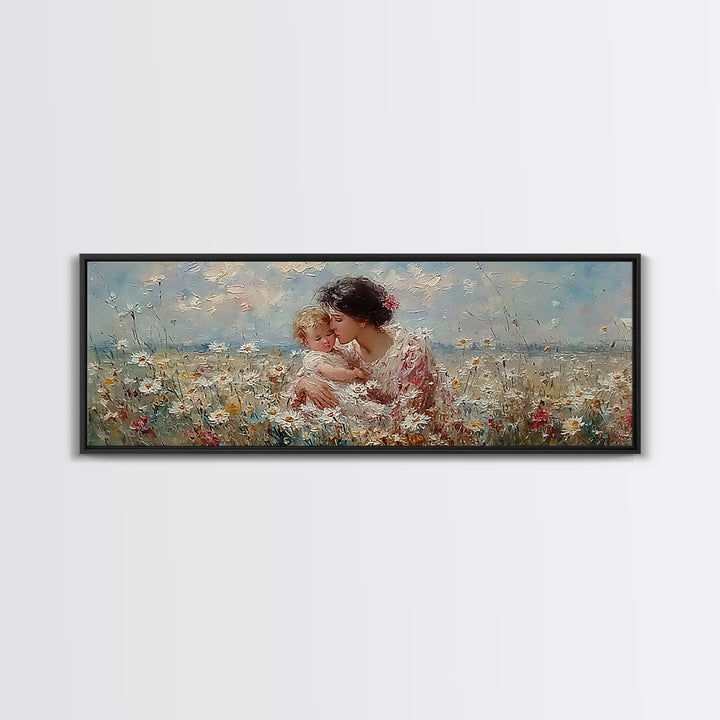 Tender Mother And Child Embrace In Daisy Field Framed Canvas Print, Floral Wall Art, Feminine Nursery Decor Gift For Her