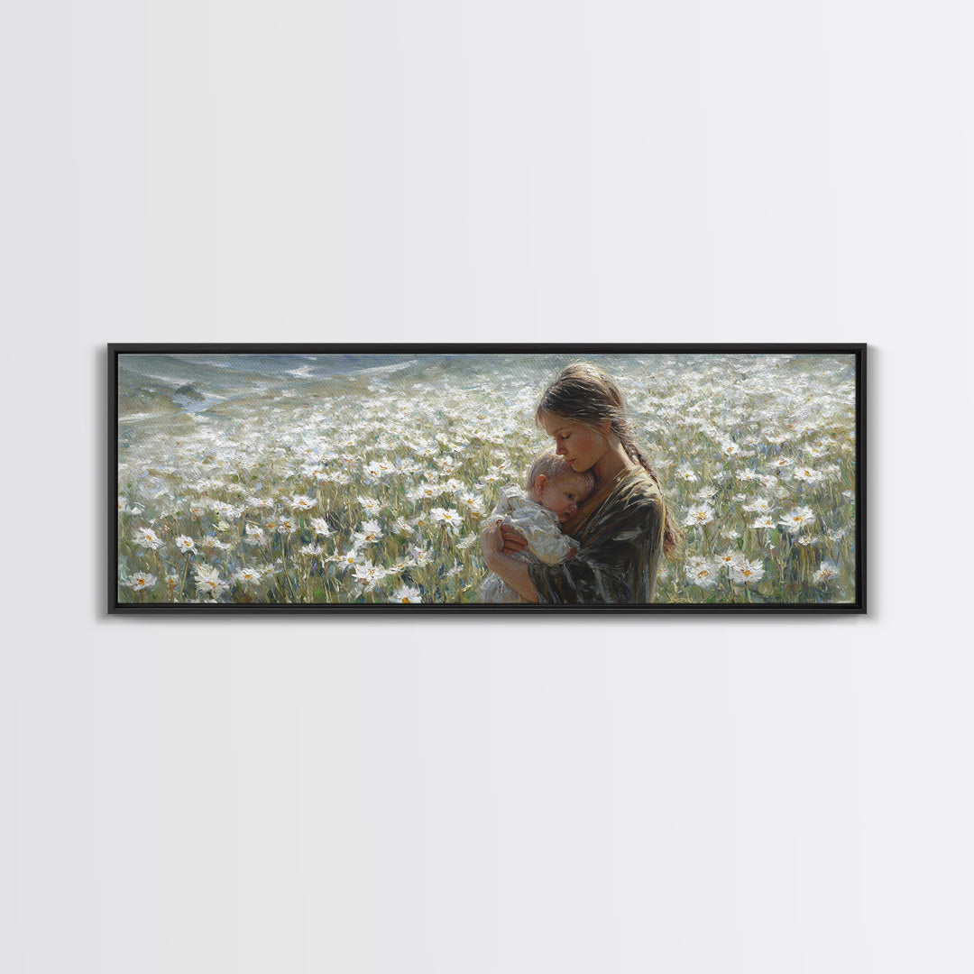 Peaceful Mother Cradling Baby In White Daisy Meadow Canvas Print, Nature Wall Art, Feminine Nursery Decor Gift For New Mom