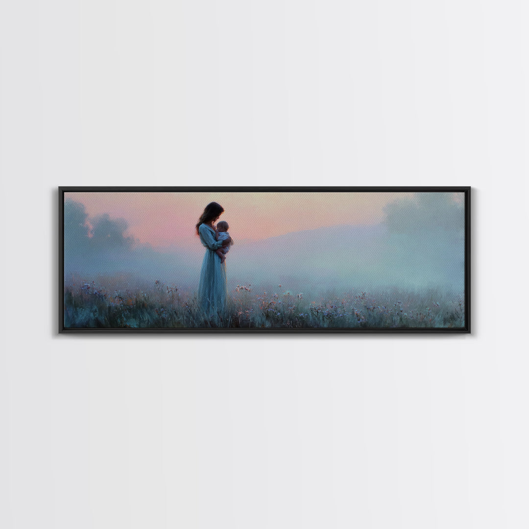 Mother And Baby At Misty Pink Dawn Framed Canvas Print, Moody Wall Art, Feminine Nursery Decor, Romantic Bedroom Gift For Mom