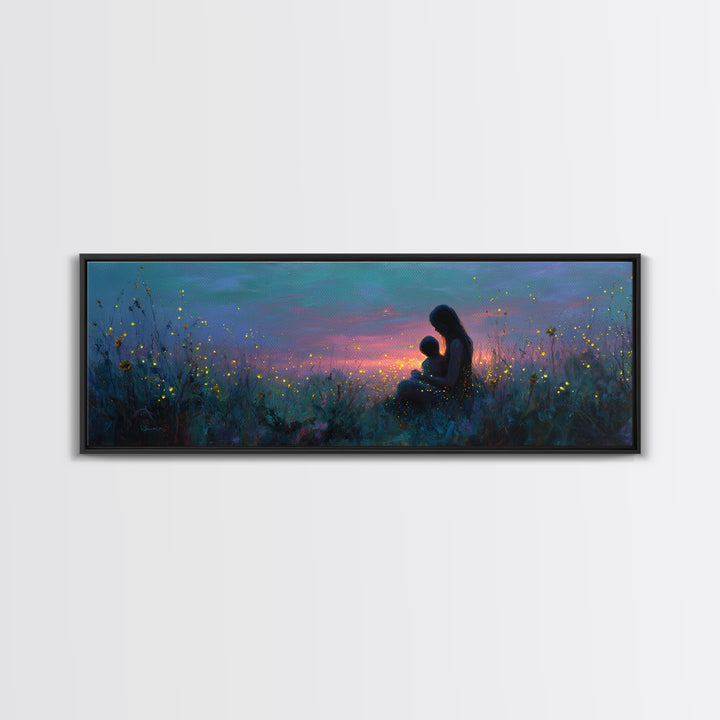 Mother And Child Twilight Meadow Canvas Print, Celestial Firefly Wall Decor, Boho Nursery Art, Gift For Mom, Bedroom Decor