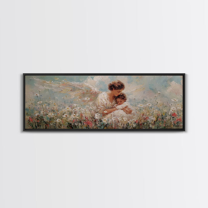 Guardian Angel And Child Framed Canvas Print, Wildflower Meadow Wall Art, Christian Nursery Decor, Gift For Mom, Fine Art