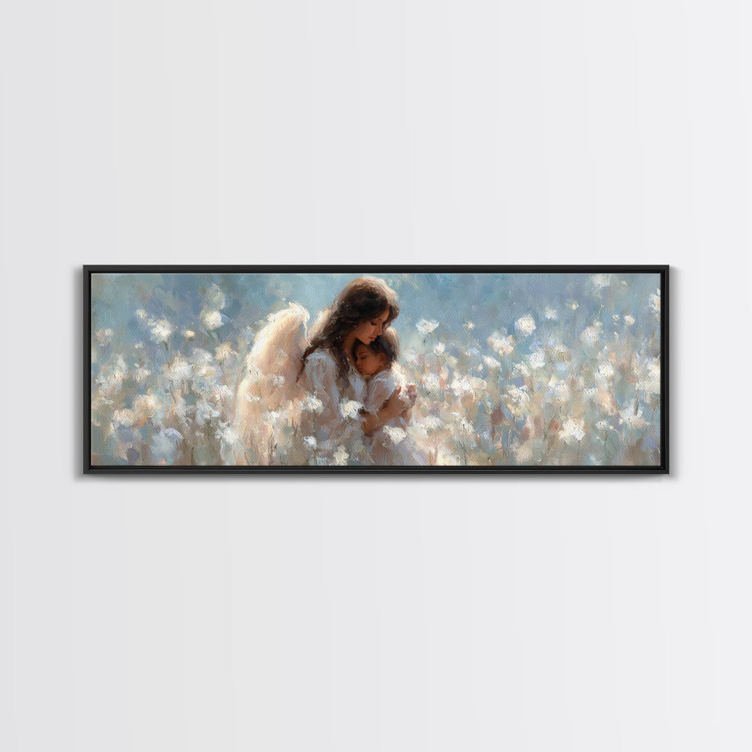 Angel Mother And Child In White Flowers Canvas Print, Dreamy Nursery Wall Art, Christian Home Decor, Gift For Mom, Fine Art
