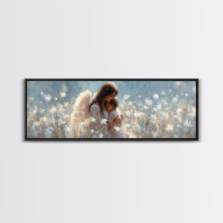 Angel Mother And Child In White Flowers Canvas Print, Dreamy Nursery Wall Art, Christian Home Decor, Gift For Mom, Fine Art