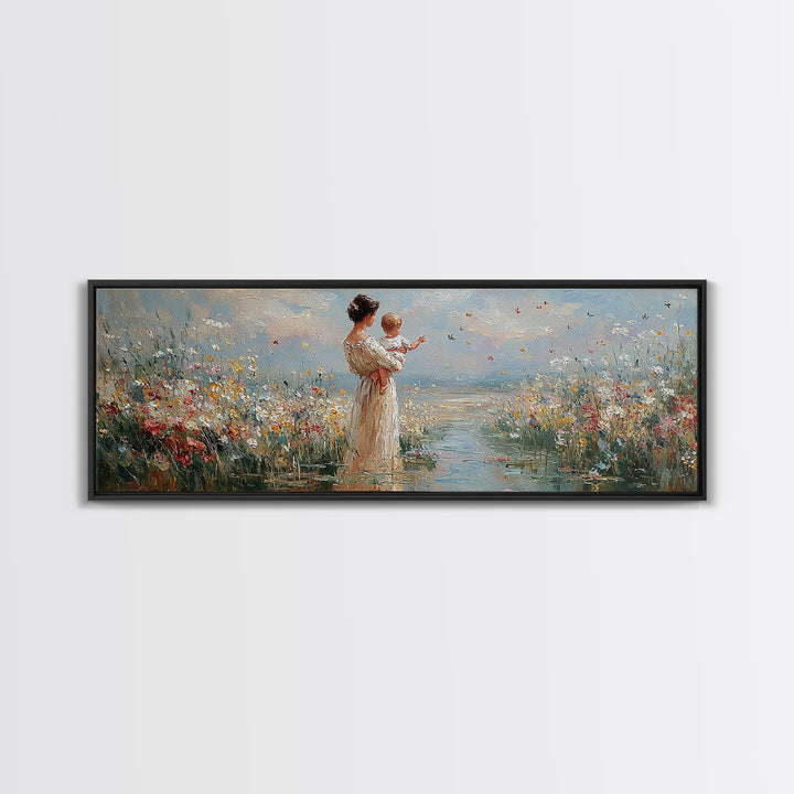 Mother Holding Baby By The Sea Wall Art, Wildflower Coastal Landscape Canvas Print, Nursery Decor, Gift For Mom, Fine Art
