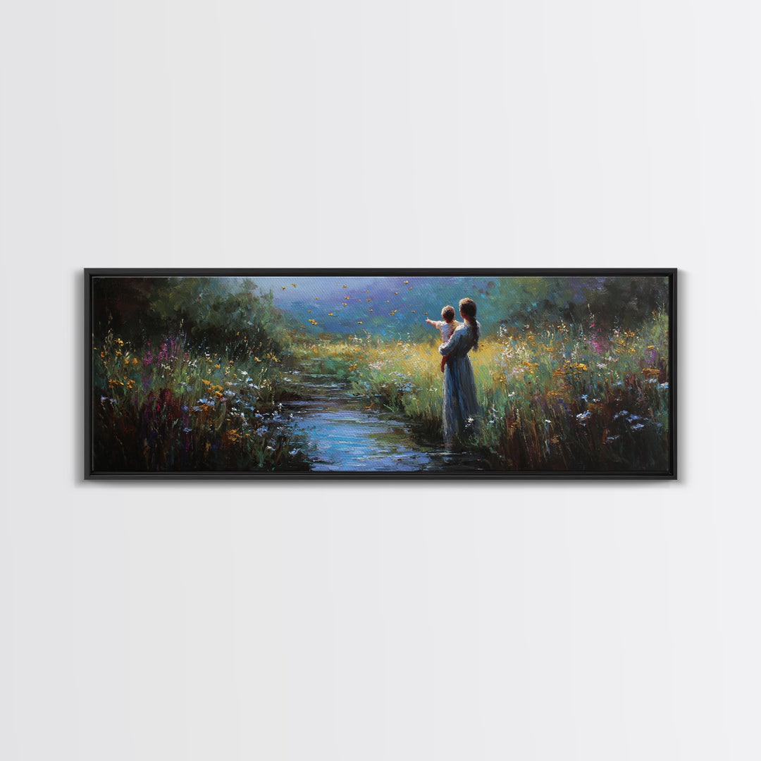 Mother And Child Beside Moonlit Stream Wall Art, Firefly Meadow Canvas Print, Spiritual Nursery Decor, Gift For Mom, Home Decor