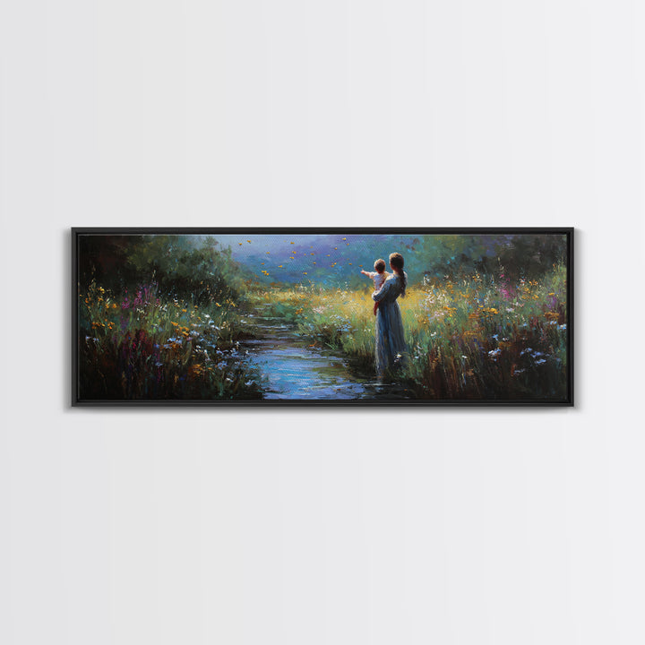 Mother And Child Beside Moonlit Stream Wall Art, Firefly Meadow Canvas Print, Spiritual Nursery Decor, Gift For Mom, Home Decor