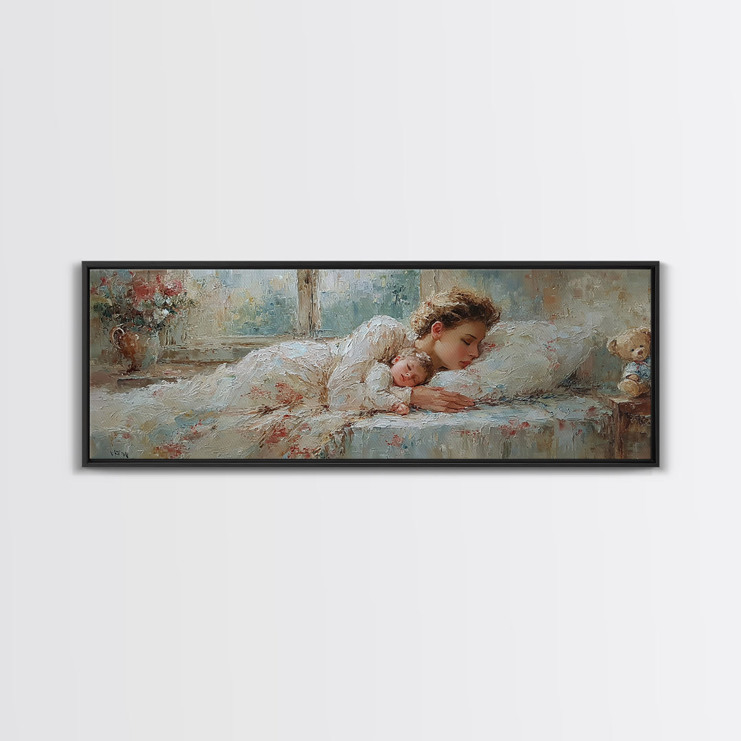 Sleeping Mother And Baby In Soft Light Wall Art, Tender Nursery Decor, Bedroom Canvas, Gift For Mom, Motherhood Art Print