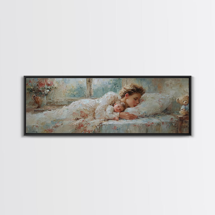 Sleeping Mother And Baby In Soft Light Wall Art, Tender Nursery Decor, Bedroom Canvas, Gift For Mom, Motherhood Art Print