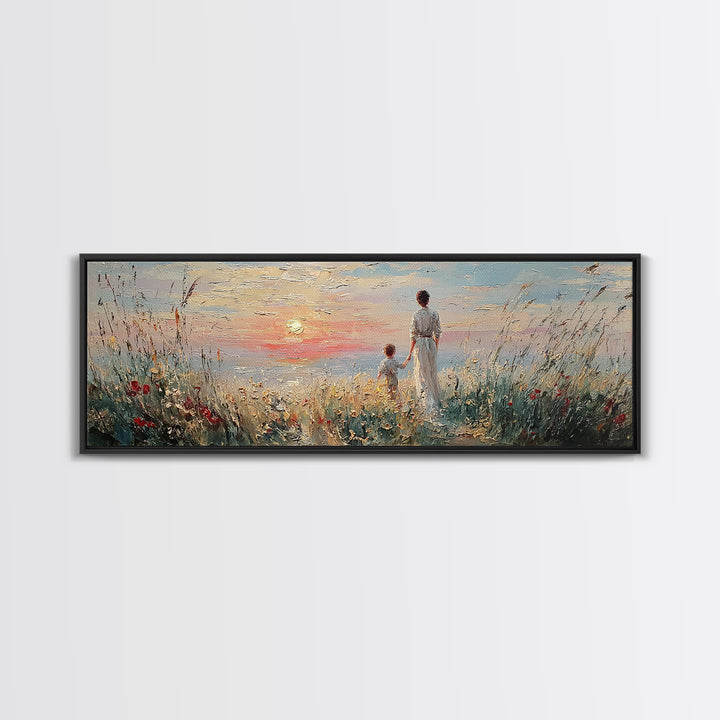 Mother And Child By Sunset Sea Canvas Print, Coastal Wall Art, Living Room Decor, Gift For Mom, Serene Beach Home Decor Prints