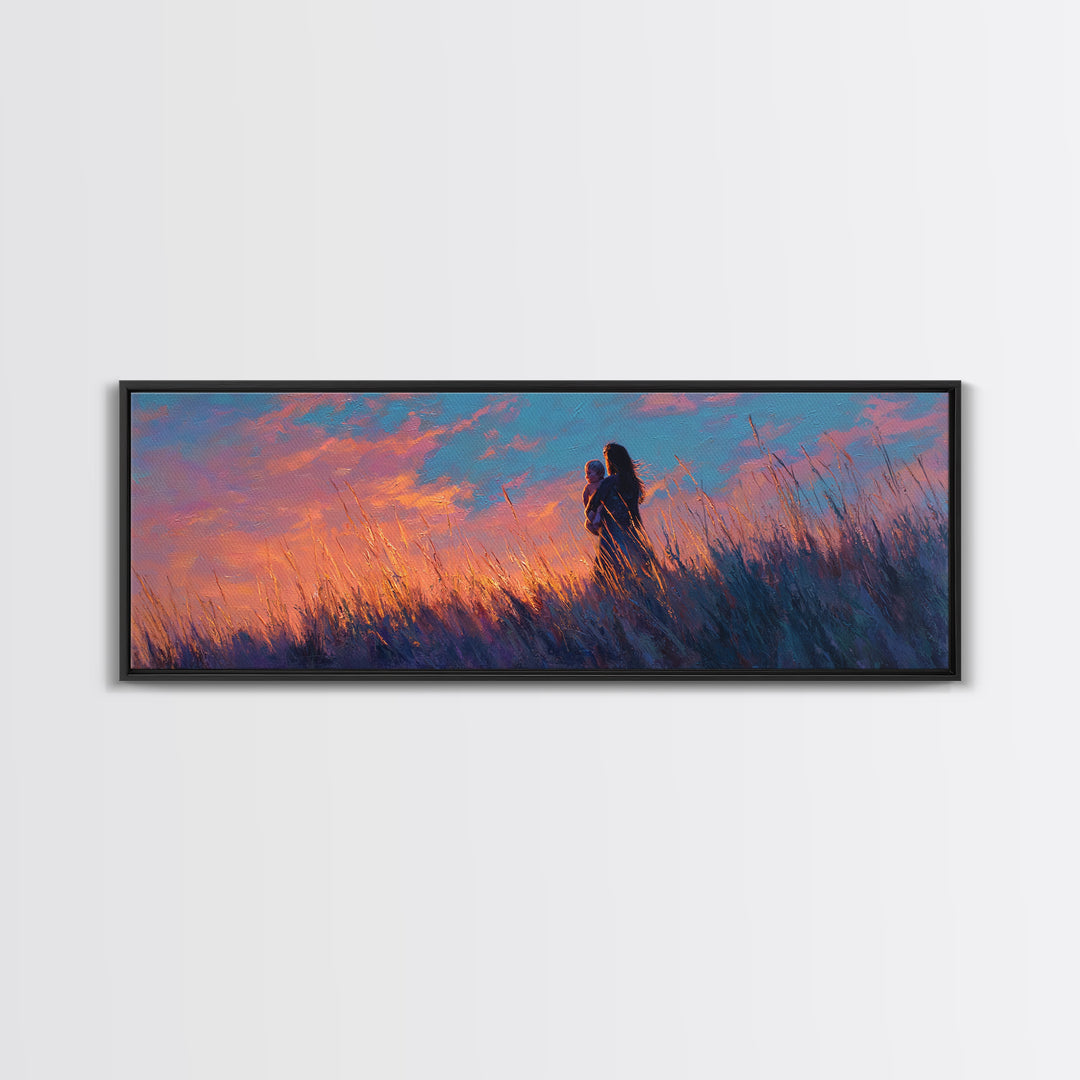 Mother Holding Baby In Purple Sunset Meadow Canvas Print, Romantic Wall Art, Moody Bedroom Decor, Gift For Her, Nursery Art