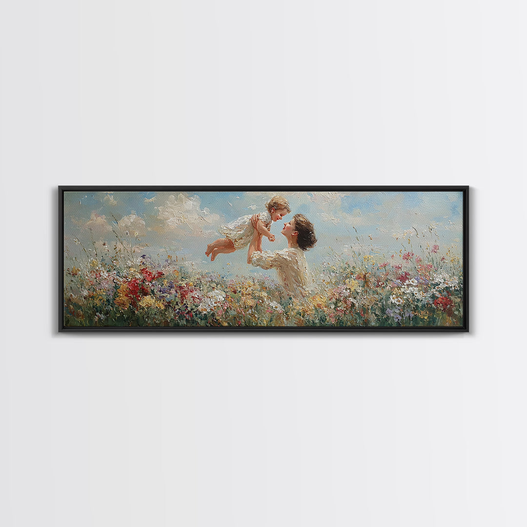 Mother Tossing Baby Above Wildflower Meadow Framed Canvas Print, Joyful Floral Wall Art, Nursery Decor, Mothers Day Gift