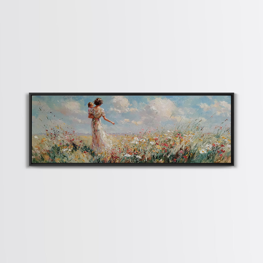 Mother Carrying Baby Through Wildflower Meadow Wall Art, Impressionist Landscape Canvas Print, Nursery Decor, Gift For Mom