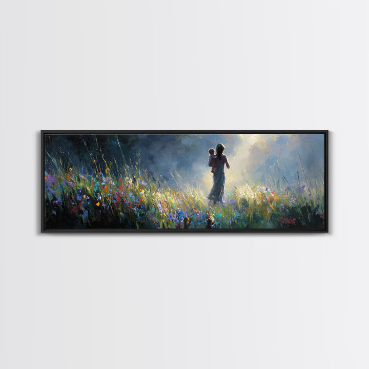 Mother And Child Silhouette In Moonlit Wildflower Meadow Canvas Print, Moody Wall Art, Nursery Decor, Gift For Mom Home Decor