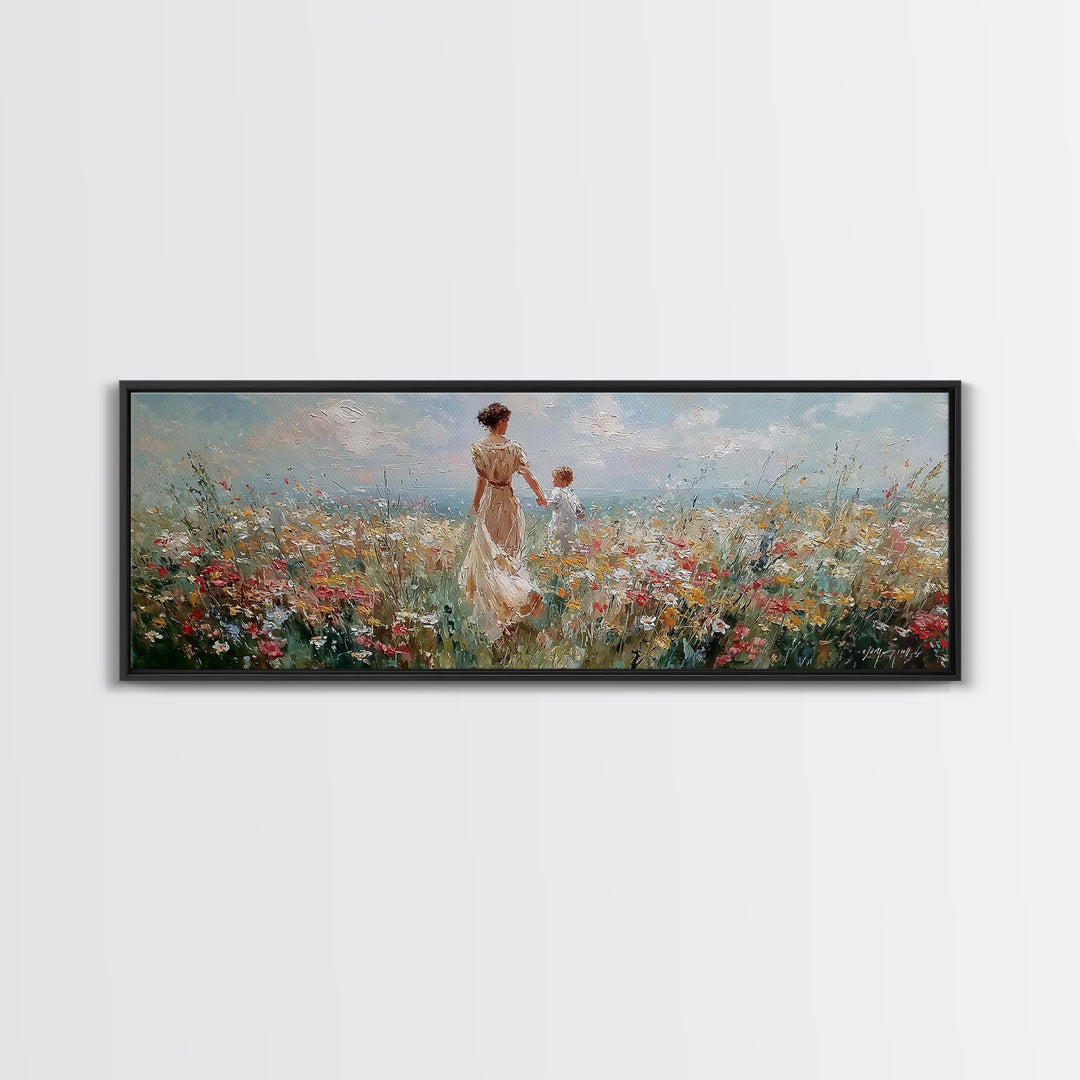 Mother And Child Holding Hands In Coastal Wildflower Meadow Wall Art, Impressionist Canvas Print, Nursery Decor, Gift For Mom