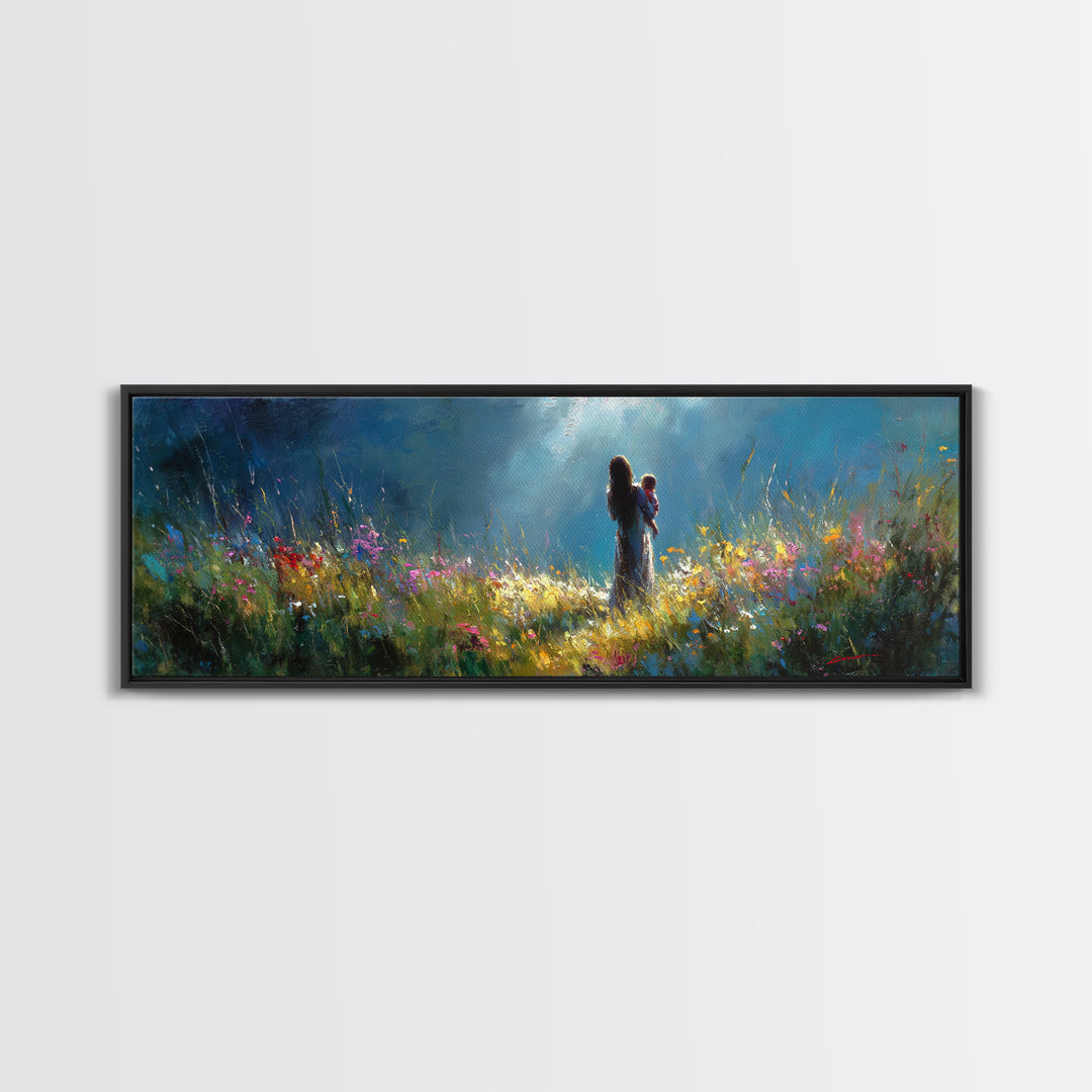 Moonlit Mother Holding Baby In Wildflower Meadow Wall Art, Impressionist Canvas Print, Nursery Decor Gift For Mom And Her