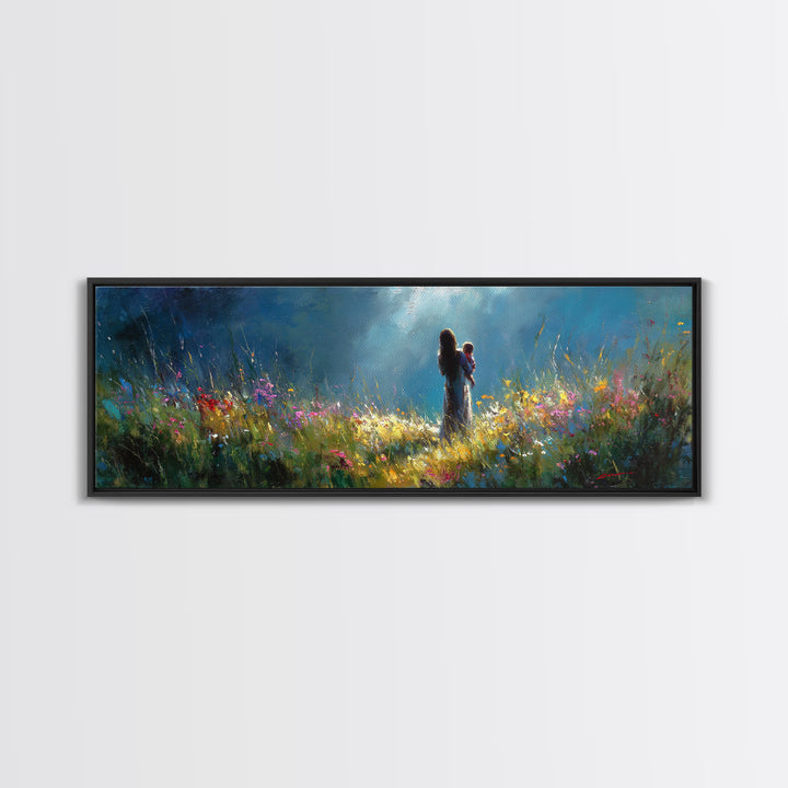 Moonlit Mother Holding Baby In Wildflower Meadow Wall Art, Impressionist Canvas Print, Nursery Decor Gift For Mom And Her