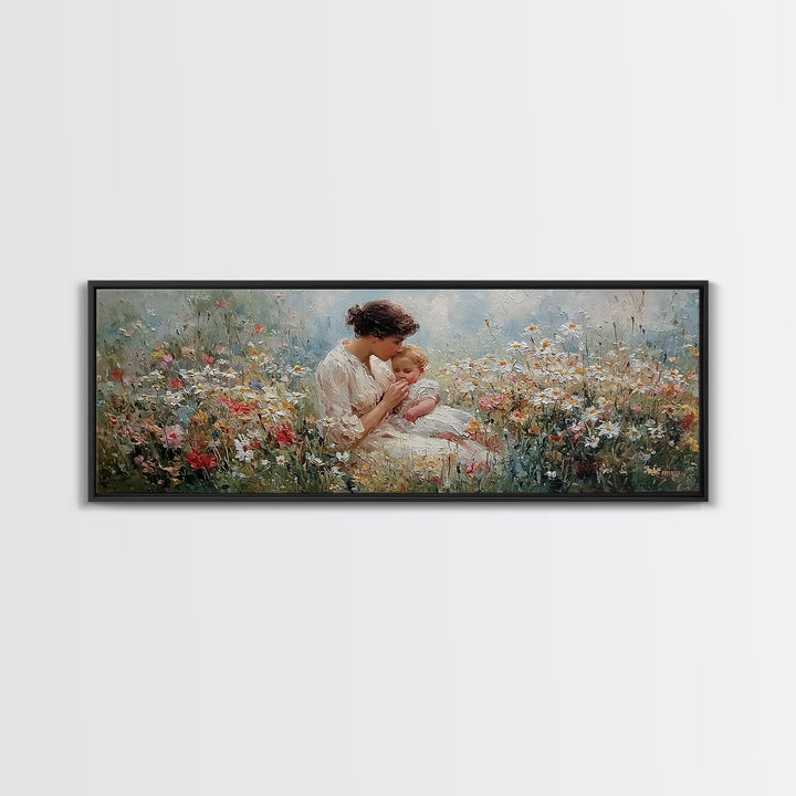 Tender Mother Kissing Baby In Floral Meadow Wall Art, Impressionist Framed Canvas Print, Nursery Decor Gift For Mom And Her