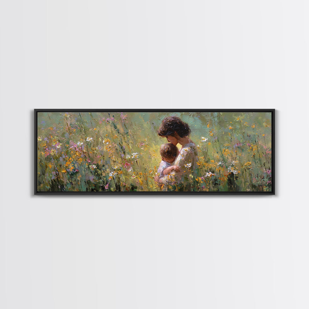 Mother Snuggling Baby In Golden Wildflower Meadow Wall Art, Impressionist Canvas Print, Feminine Nursery Decor Gift For Mom