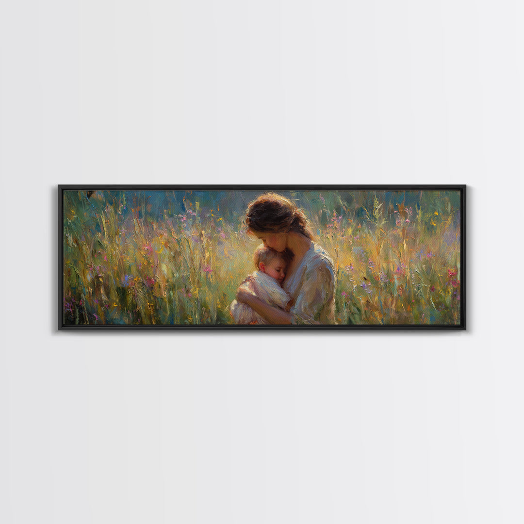 Mother And Sleeping Baby In Glowing Meadow Wall Art, Impressionist Framed Canvas Print, Nursery Decor Gift For Mom And Her