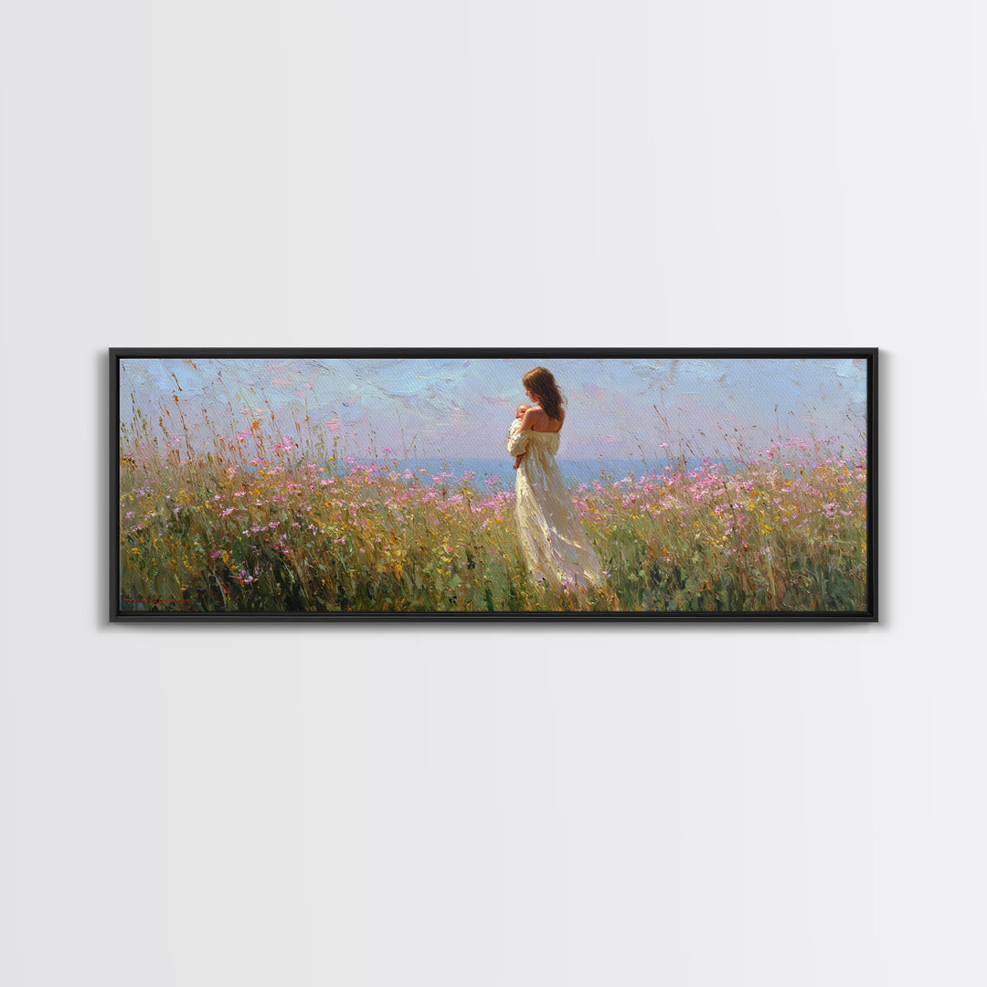 Mother Holding Baby In Open Wildflower Field Wall Art, Impressionist Landscape Canvas Print, Feminine Nursery Decor Gift
