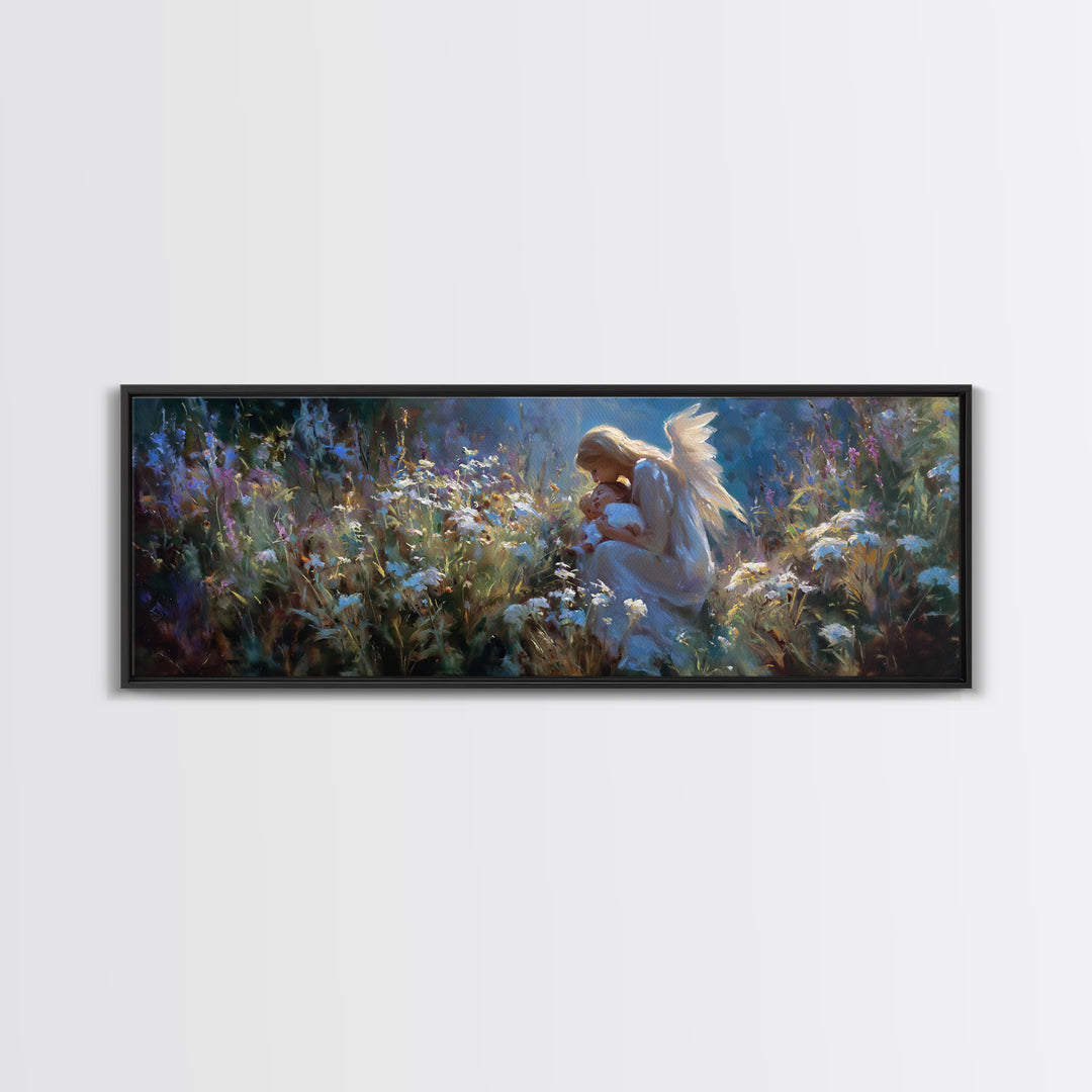Angel Mother Holding Baby In Moonlit Flowers Wall Art, Spiritual Framed Canvas Print, Celestial Nursery Decor, Baptism Gift