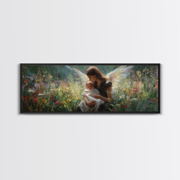 Guardian Angel Cradling Infant In Wildflower Meadow Wall Art, Celestial Canvas Print, Spiritual Nursery Decor, New Baby Gift