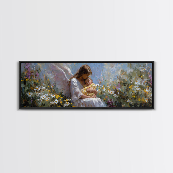 Serene Mother And Baby In Wildflower Meadow Framed Canvas Print, Angel Nursery Art, Christian Wall Art, Gift For Mom, Home Decor