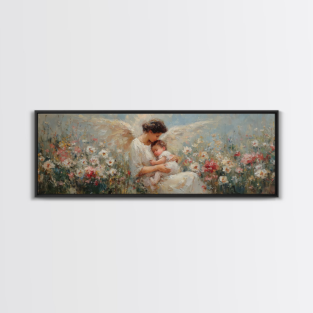 Tender Angel Mother Holding Baby In Flower Meadow Canvas Print, Christian Nursery Art, Mother's Day Gift, Peaceful Wall Art