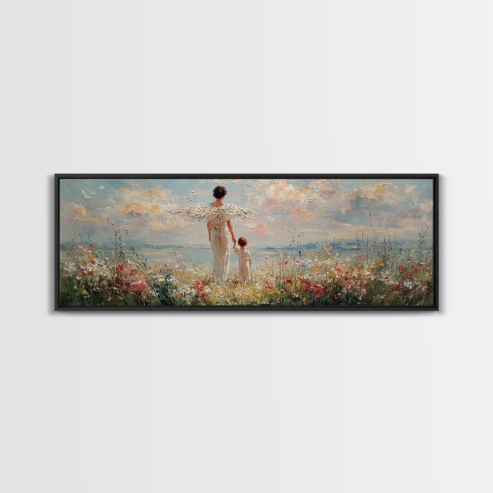 Angel Mother And Child Beside Ocean Meadow Large Wall Art, Coastal Christian Decor, Nursery Canvas Art, Housewarming Gift
