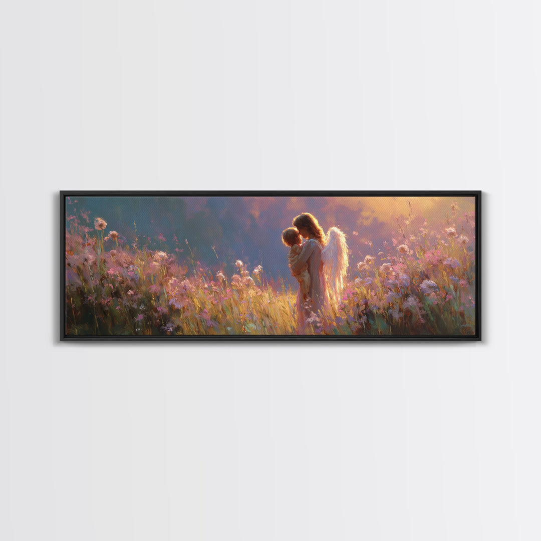 Glowing Angel Mother Cradling Child In Wildflower Meadow Framed Canvas Print, Christian Wall Art, Nursery Decor, Gift For Her