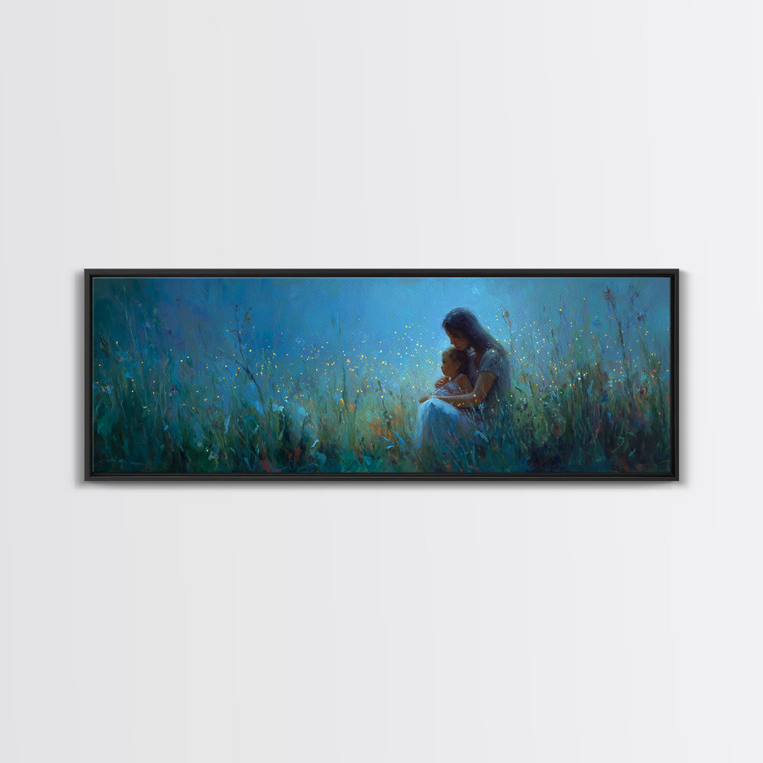 Moonlit Mother And Child Sitting In Blue Meadow Framed Canvas Print, Celestial Wall Art, Nursery Decor, Gift For Mom, Home Decor