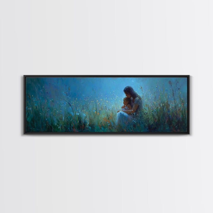 Moonlit Mother And Child Sitting In Blue Meadow Framed Canvas Print, Celestial Wall Art, Nursery Decor, Gift For Mom, Home Decor