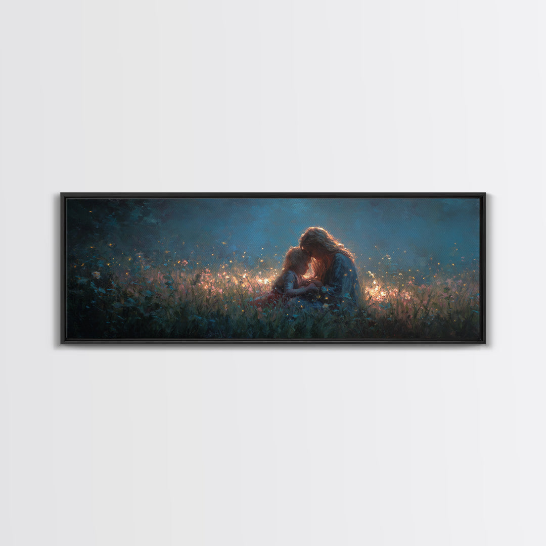 Twilight Mother And Child Wildflower Meadow Wall Art, Panoramic Canvas Print, Nursery Decor, Gift For Her, Above Bed Art
