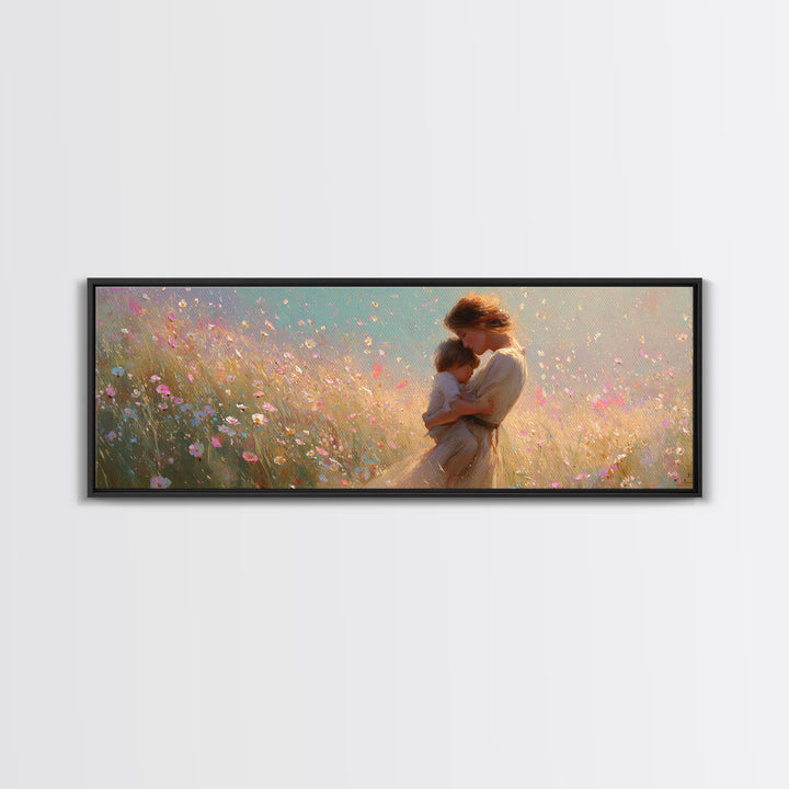 Golden Mother And Child In Pastel Wildflowers Canvas Print, Romantic Wall Art, Feminine Decor, Gift For Her, Above Bed Art