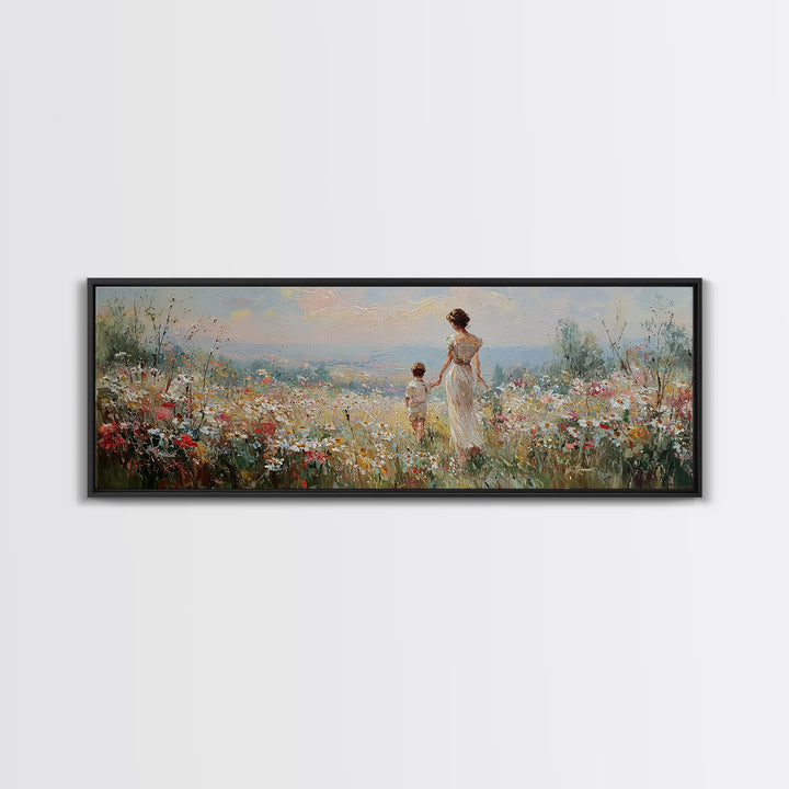 Mother And Child Walking Through Wildflower Meadow Wall Art, Panoramic Canvas Print, Coastal Decor, Nursery Art, Gift For Mom