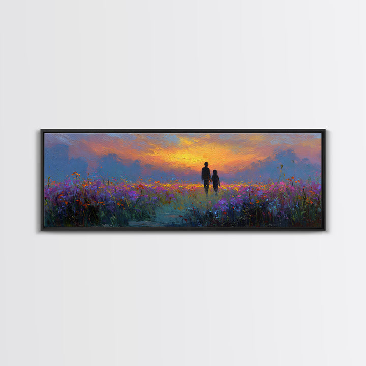 Father And Child Sunset Meadow Wall Art, Wildflower Landscape Canvas Print, Guardian Angel Gift, Nursery And Living Room Decor