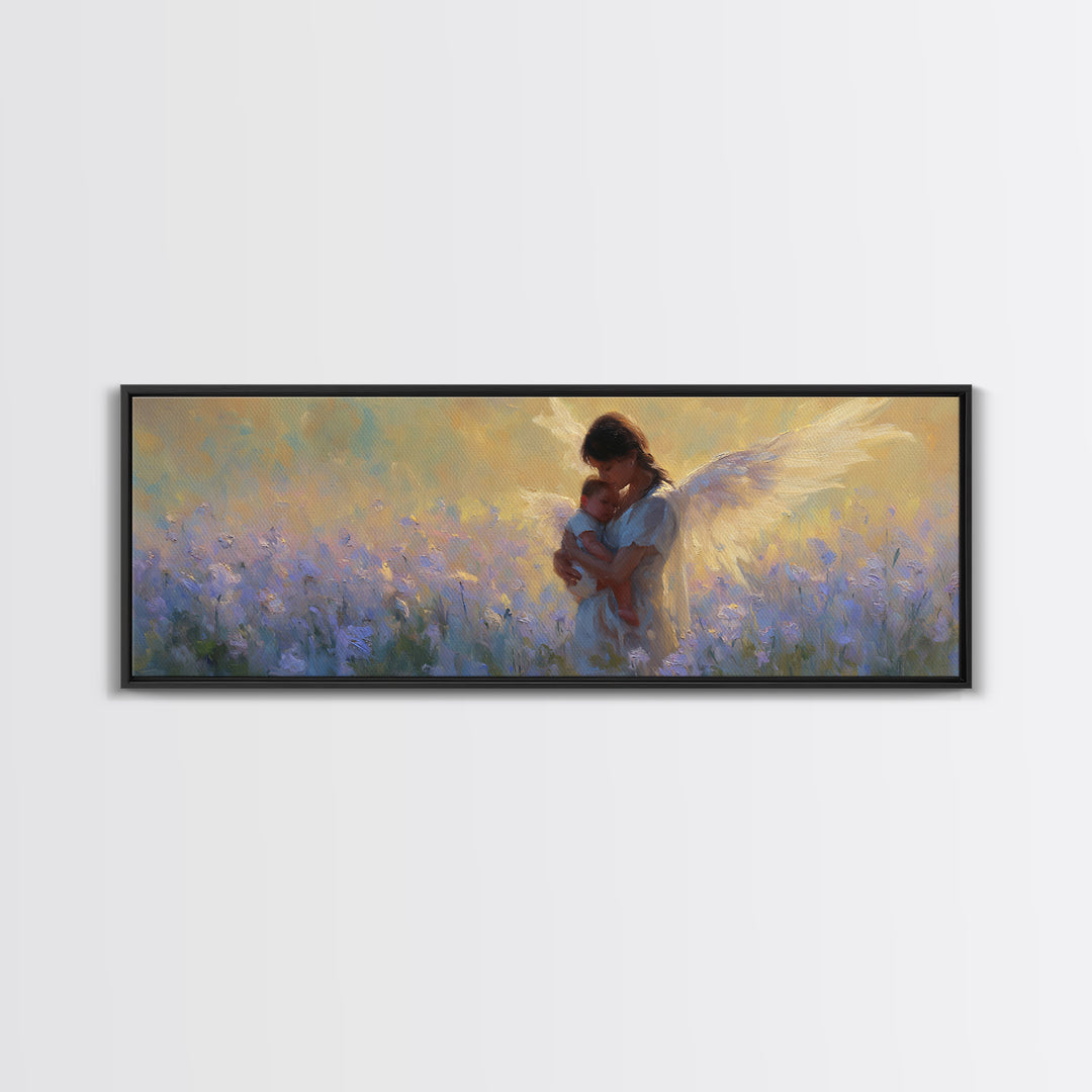 Guardian Angel Mother And Baby In Lavender Field Framed Canvas Print, Christian Wall Art, Nursery Decor, Gift For Mom, Home Decor
