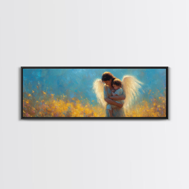 Golden Guardian Angel With Child Canvas Print, Blue Sky Wildflower Wall Art, Christian Nursery Decor, Spiritual Gift For Mom