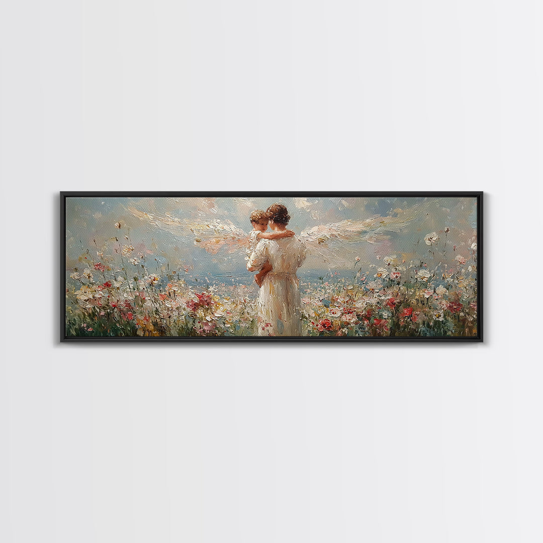 Angel Mother Embracing Child In Flower Garden Wall Art, Textured Oil Painting Framed Canvas Print, Christian Home Decor Gift