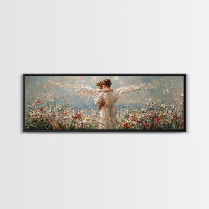 Angel Mother Embracing Child In Flower Garden Wall Art, Textured Oil Painting Framed Canvas Print, Christian Home Decor Gift