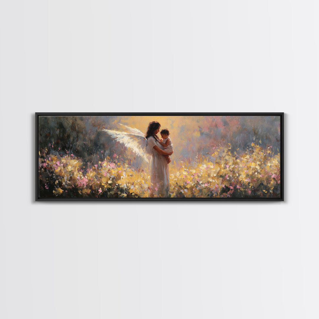 Glowing Angel Mother And Child In Flower Field Wall Art, Impressionist Framed Canvas Print, Christian Nursery Decor Gift